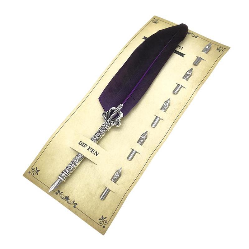 Retro Calligraphy Feather Quill Writing Ink Pen – PURPLE 9 Inch